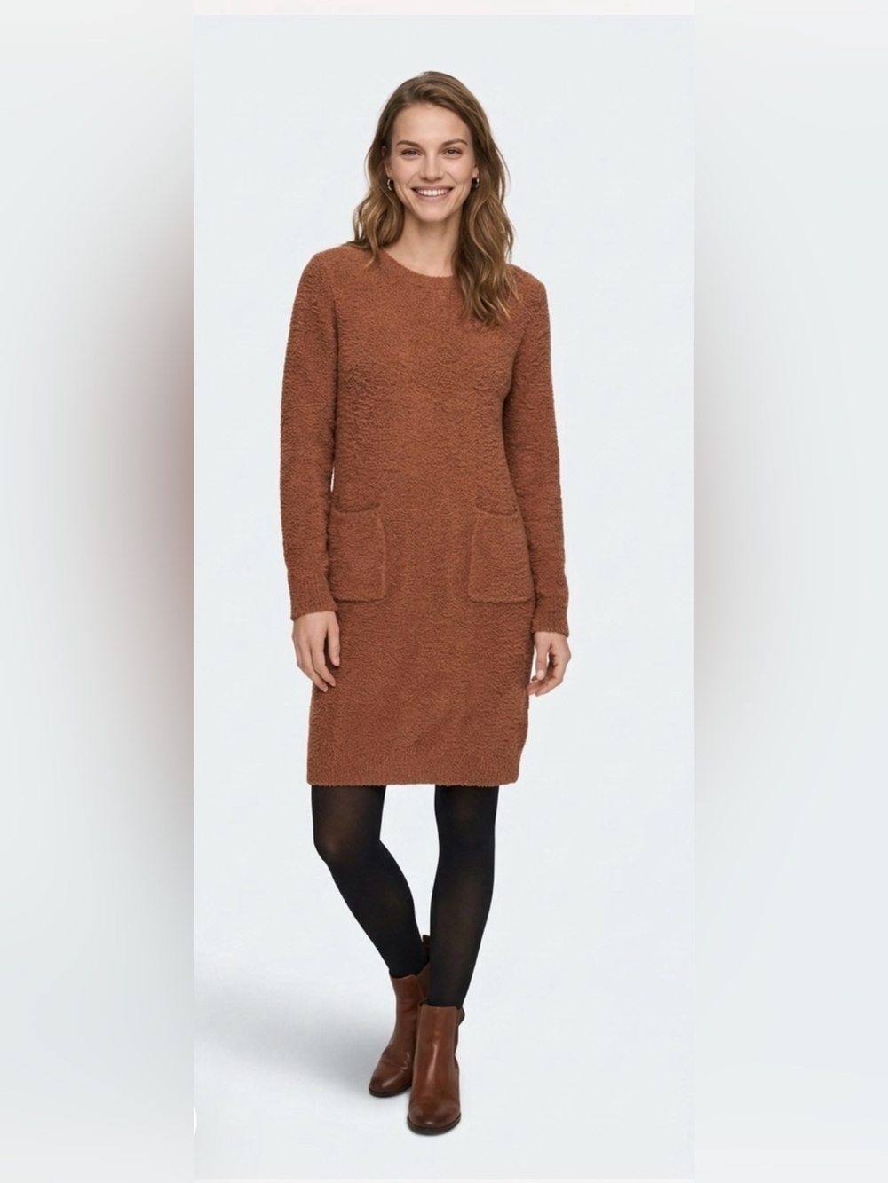 Cozy Pocket Sweater Dress in Rust Brown